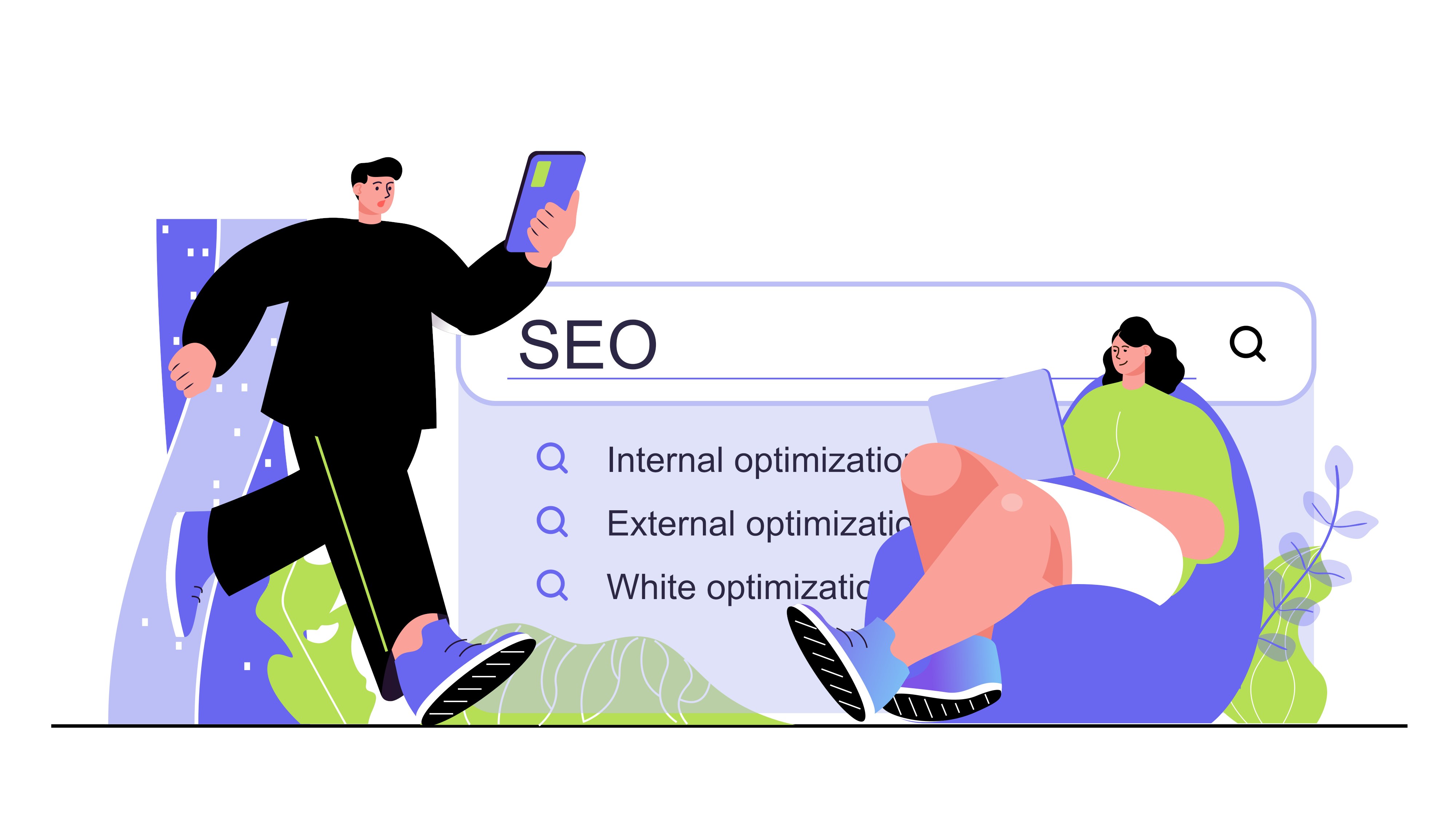 Illustration of two people searching for SEO optimization types on a search engine