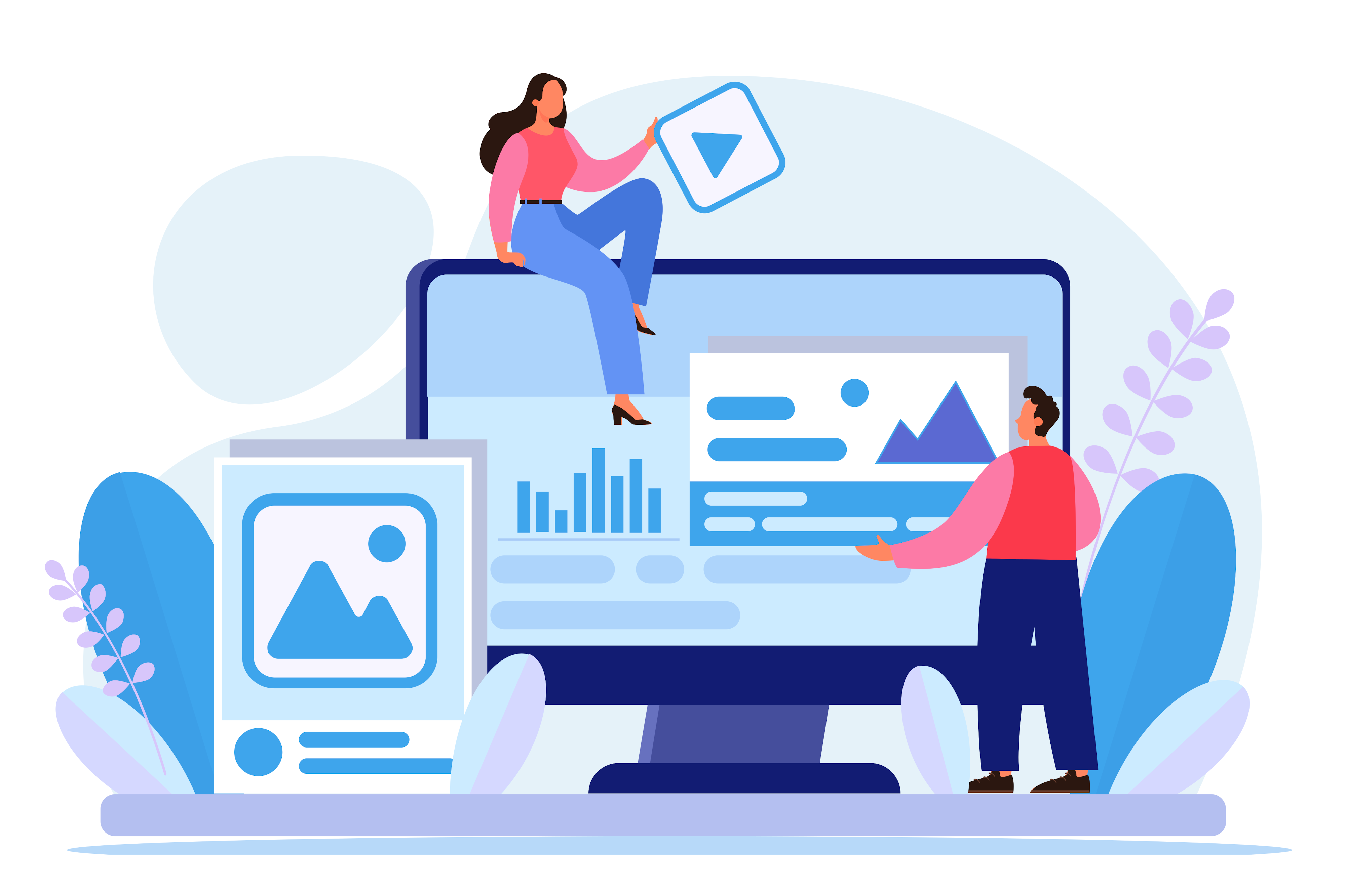 Illustratie van contentcreatie en kennisdeling over webontwikkeling en hosting.